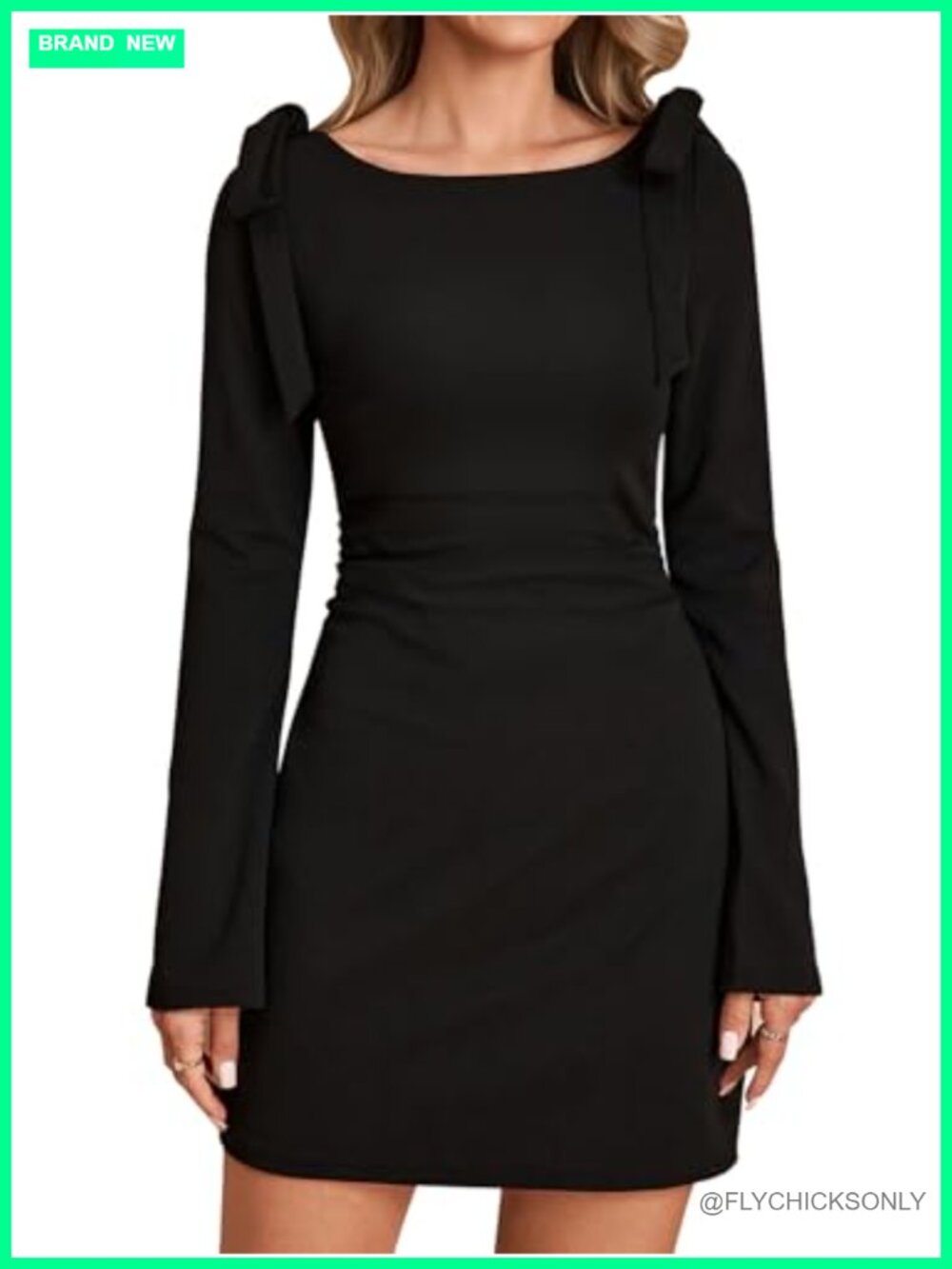 Women's Long Sleeve Mini Dress Boat Neck Tie Shoulder Ruched Bodycon Party